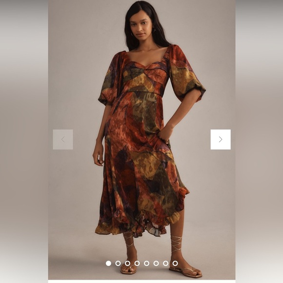 Anthropologie NWT Hutch Printed Twist-Front Puff-Sleeve Ruffle-Hem Midi size XS. - Picture 2 of 16